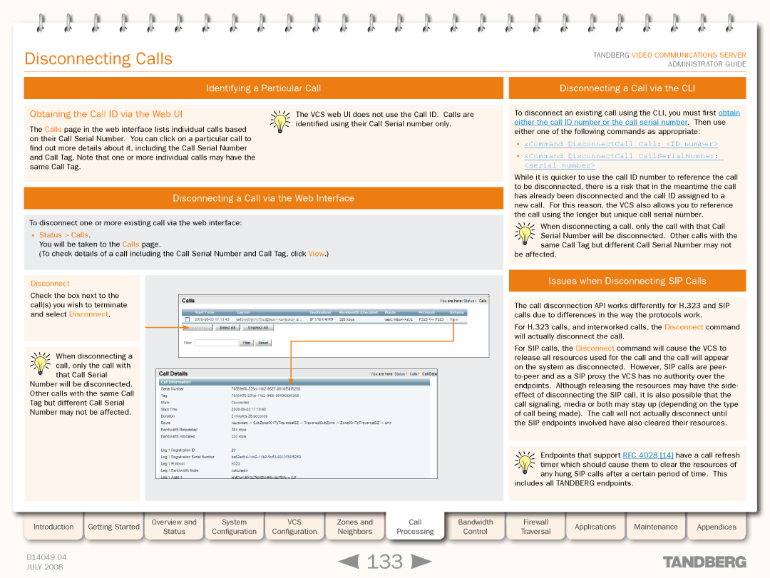TANDBERG D14049.04 133, Disconnecting Calls, Obtaining the Call ID via the Web UI, Issues when Disconnecting SIP Calls 