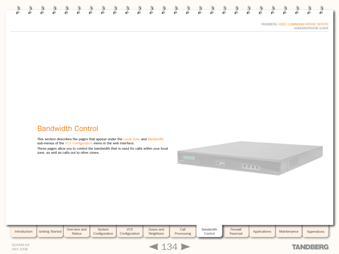 TANDBERG D14049.04 manual 134, Bandwidth Control 