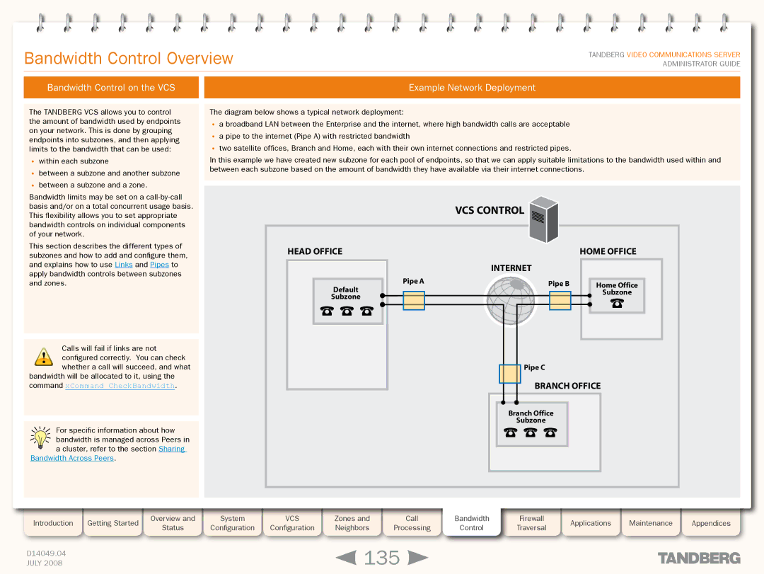 TANDBERG D14049.04 manual 135, Bandwidth Control Overview, Bandwidth Control on the VCS Example Network Deployment 