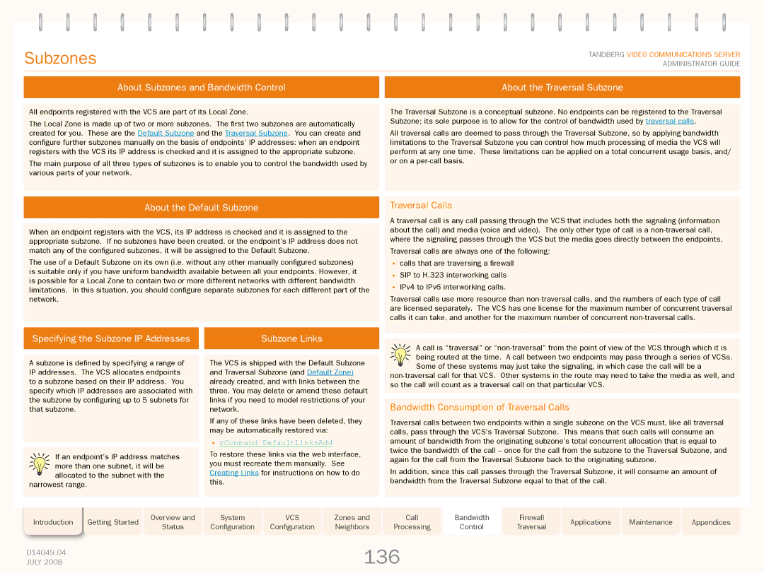 TANDBERG D14049.04 manual 136, Subzones, About the Default Subzone, Specifying the Subzone IP Addresses Subzone Links 