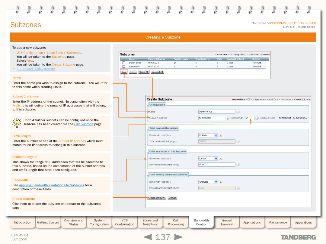 TANDBERG D14049.04 manual 137, Creating a Subzone, XCommand SubZoneAdd 