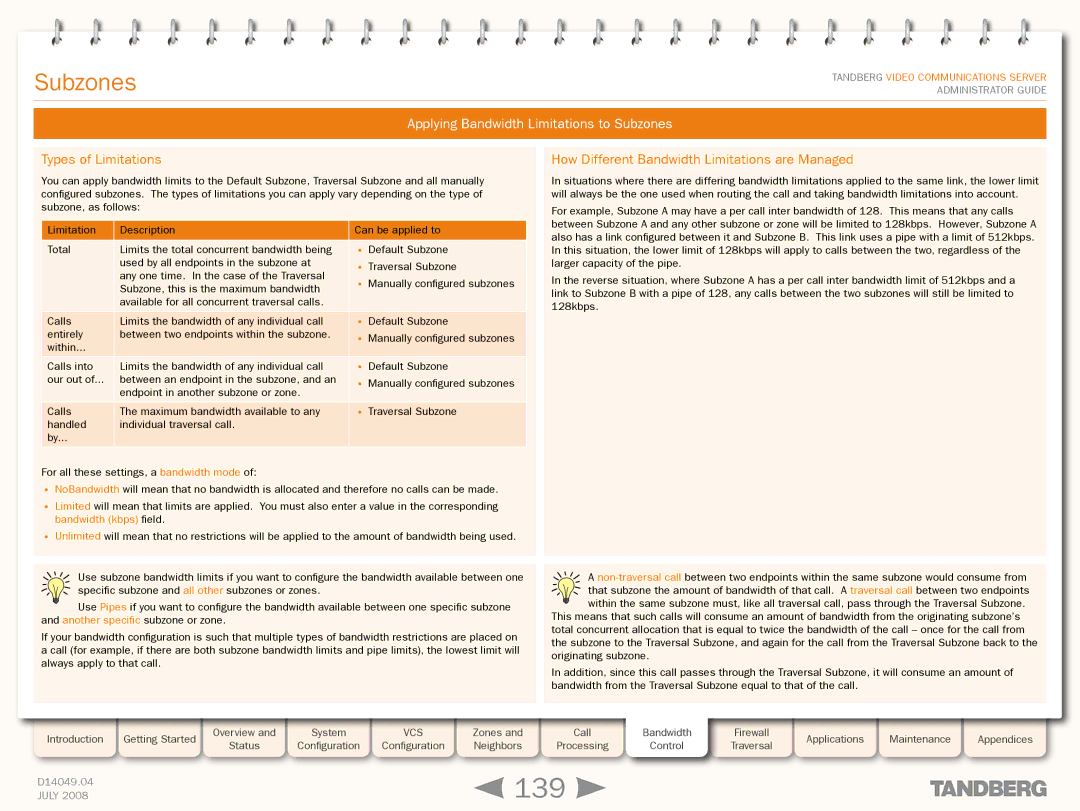 TANDBERG D14049.04 manual 139, Applying Bandwidth Limitations to Subzones, Types of Limitations 