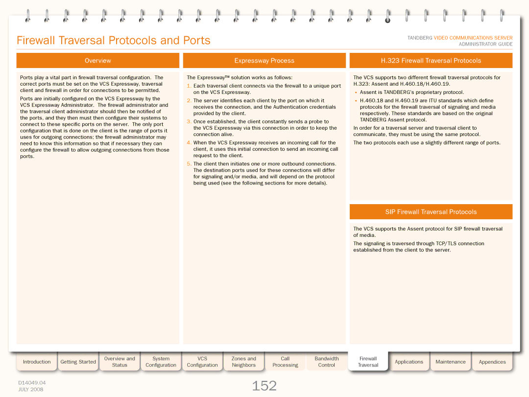 TANDBERG D14049.04 152, Firewall Traversal Protocols and Ports, Overview Expressway Process Firewall Traversal Protocols 