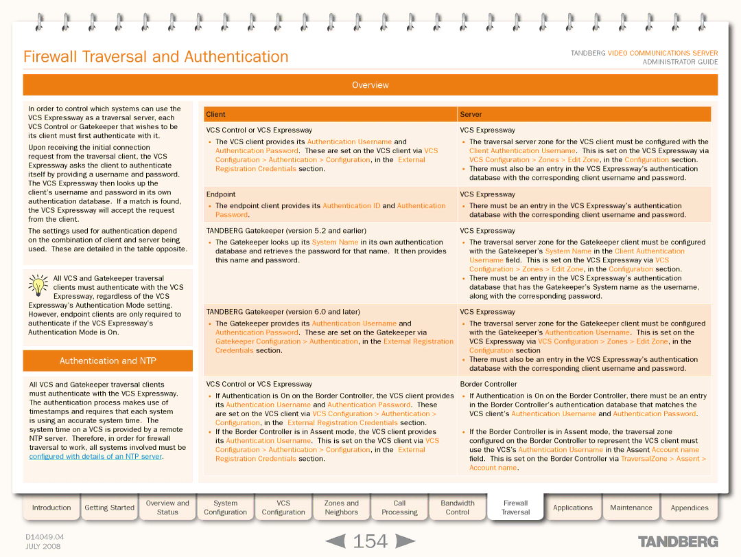 TANDBERG D14049.04 manual 154, Firewall Traversal and Authentication, Authentication and NTP, Account name 