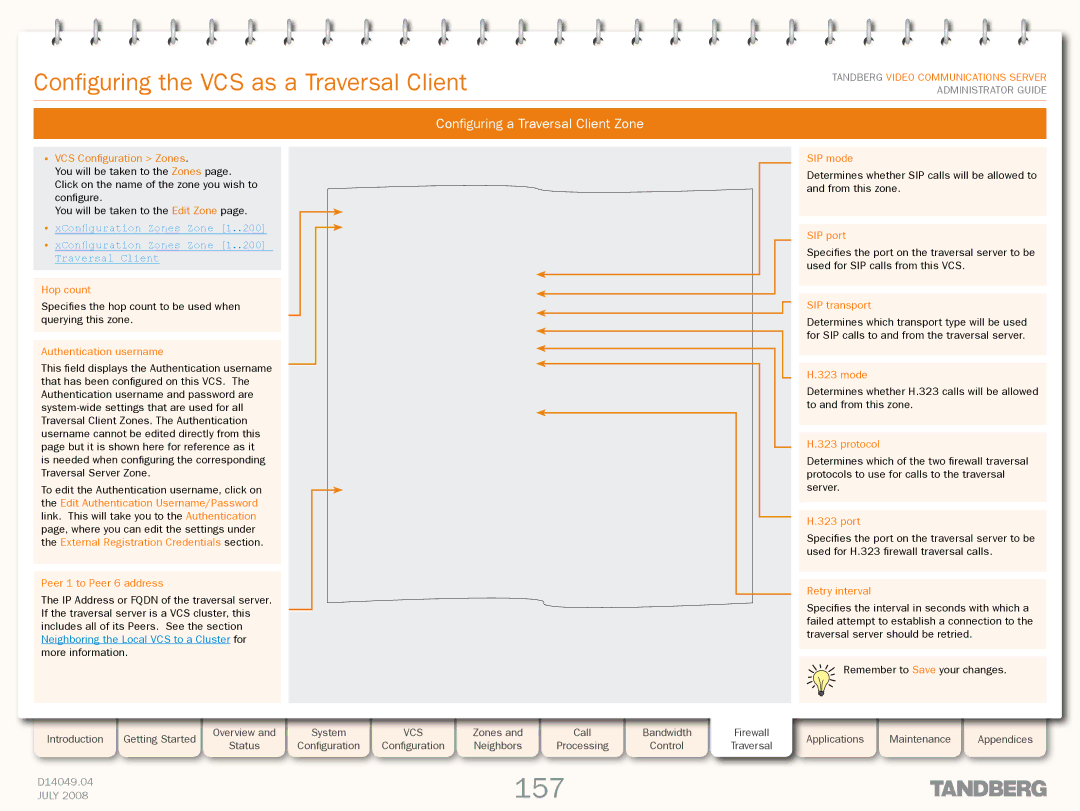 TANDBERG D14049.04 manual 157, Configuring a Traversal Client Zone 