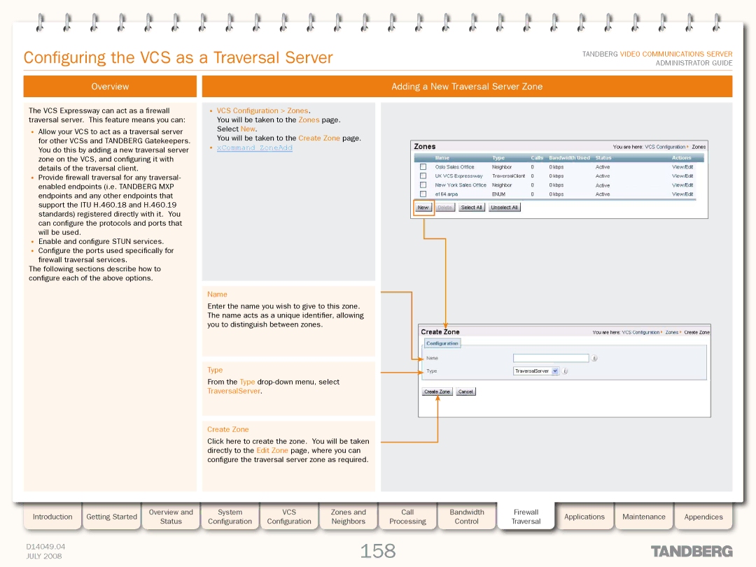 TANDBERG D14049.04 manual 158, Configuring the VCS as a Traversal Server, Adding a New Traversal Server Zone 