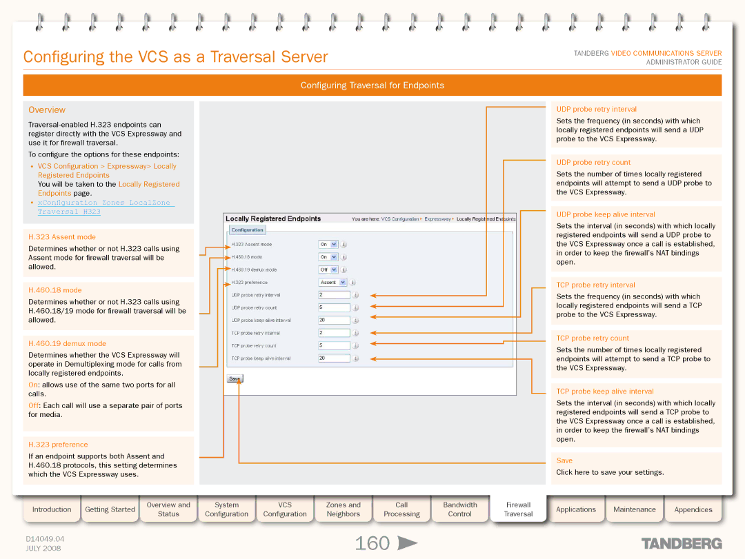 TANDBERG D14049.04 manual 160, Configuring Traversal for Endpoints, XConfiguration Zones LocalZone Traversal H323 