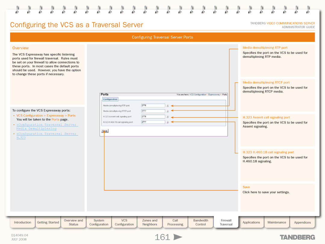 TANDBERG D14049.04 manual 161, Configuring Traversal Server Ports 