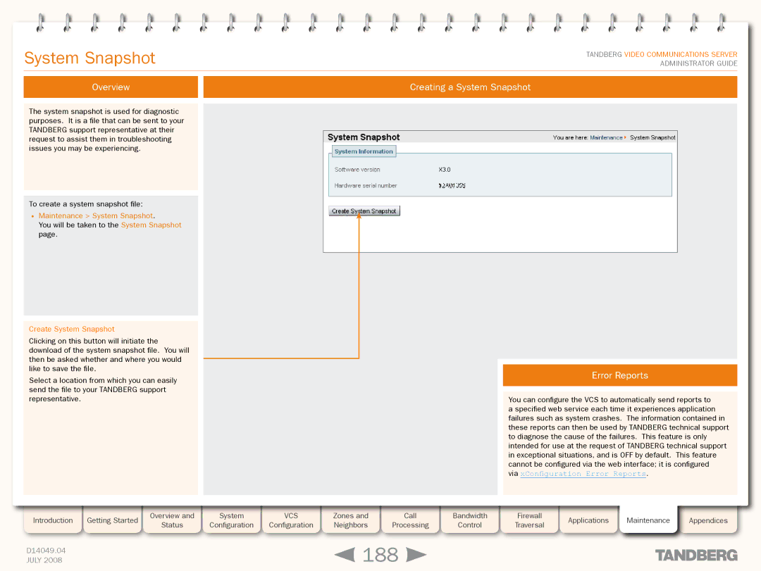 TANDBERG D14049.04 manual 188, Overview Creating a System Snapshot, Error Reports 