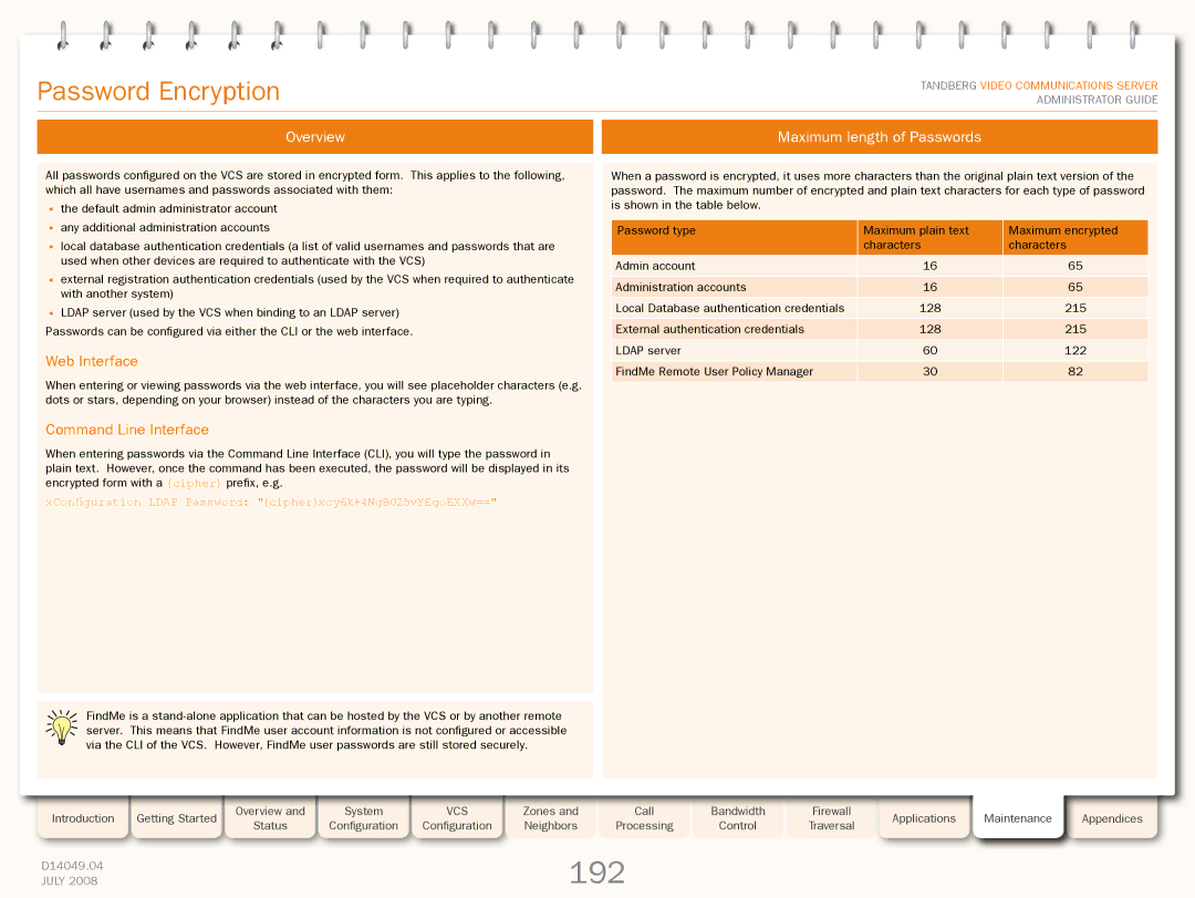 TANDBERG D14049.04 192, Password Encryption, Overview Maximum length of Passwords, Web Interface, Command Line Interface 