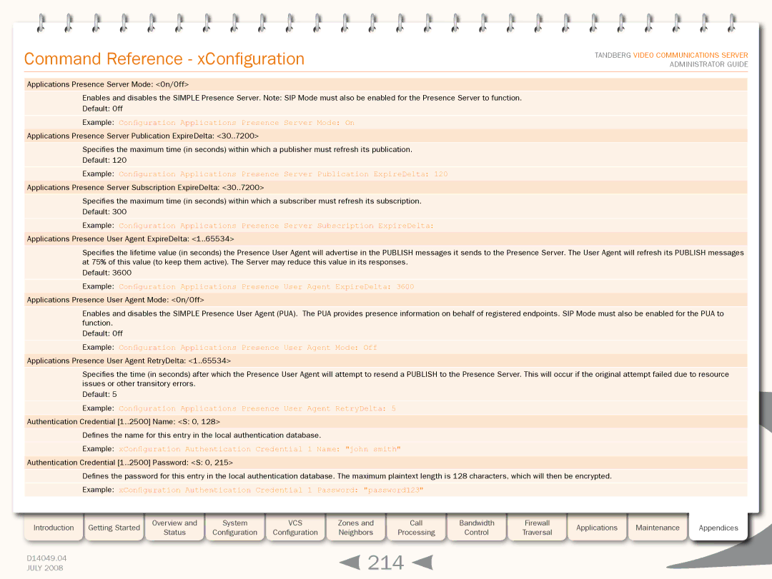 TANDBERG D14049.04 manual 214, Example Configuration Applications Presence Server Mode On 