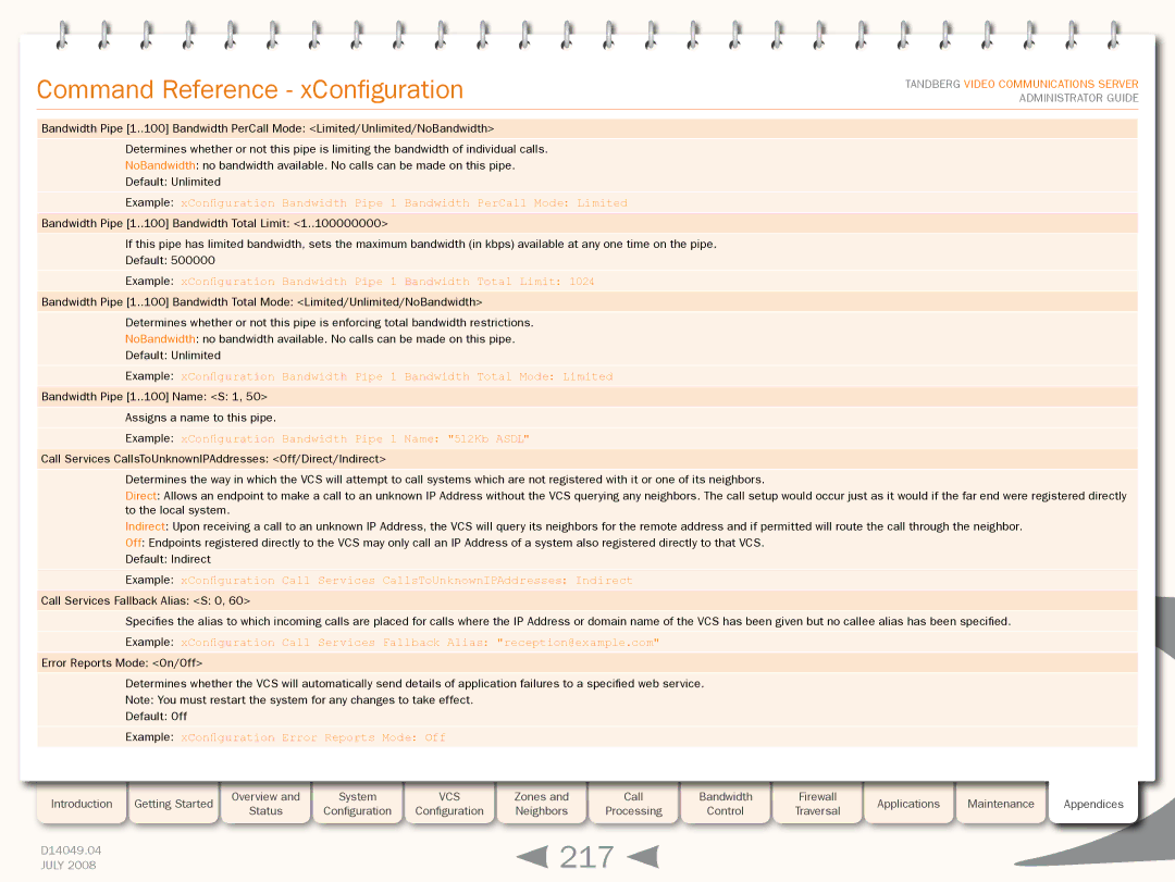 TANDBERG D14049.04 manual 217, Example xConfiguration Bandwidth Pipe 1 Name 512Kb Asdl 