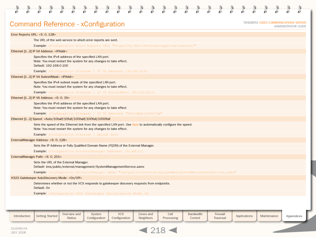 TANDBERG D14049.04 218, Example xConfiguration Ethernet 1 IP V4 Address, Example xConfiguration Ethernet 1 Speed Auto 