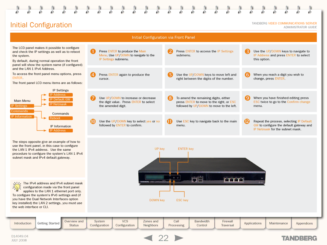 TANDBERG D14049.04 manual Initial Configuration via Front Panel, UP key, Down key 