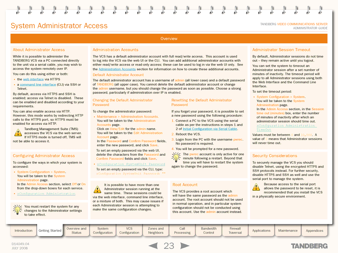 TANDBERG D14049.04 manual System Administrator Access, Overview 