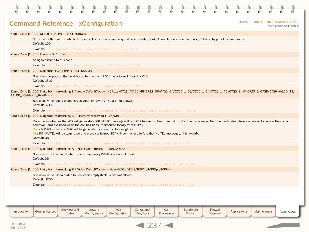 TANDBERG D14049.04 manual 237, Example xConfiguration Zones Zone 1 Match 1 Priority 