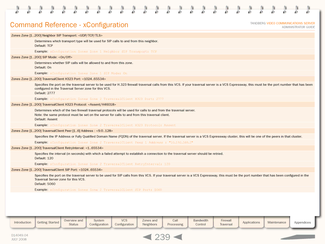 TANDBERG D14049.04 manual 239, Example xConfiguration Zones Zone 1 SIP Mode On 