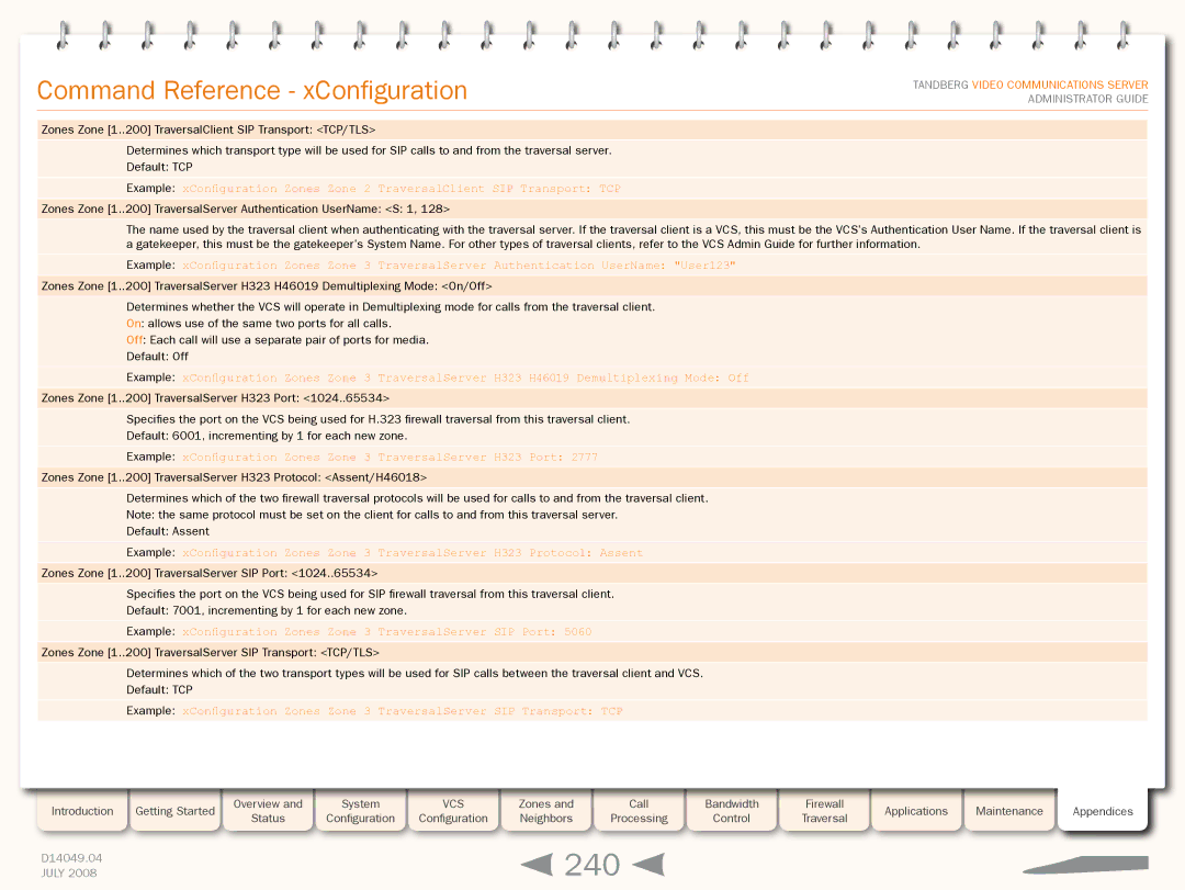 TANDBERG D14049.04 manual 240, Example xConfiguration Zones Zone 3 TraversalServer SIP Port 