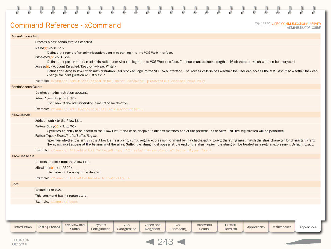 TANDBERG D14049.04 243, Example xCommand AdminAccountDelete AdminAccountId, Example xCommand AllowListDelete AllowListId 