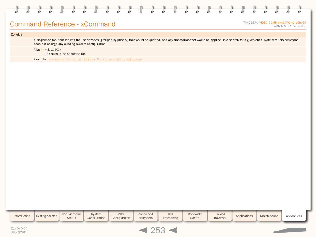 TANDBERG D14049.04 manual 253, Example xCommand ZoneList Alias john.smith@example.com 