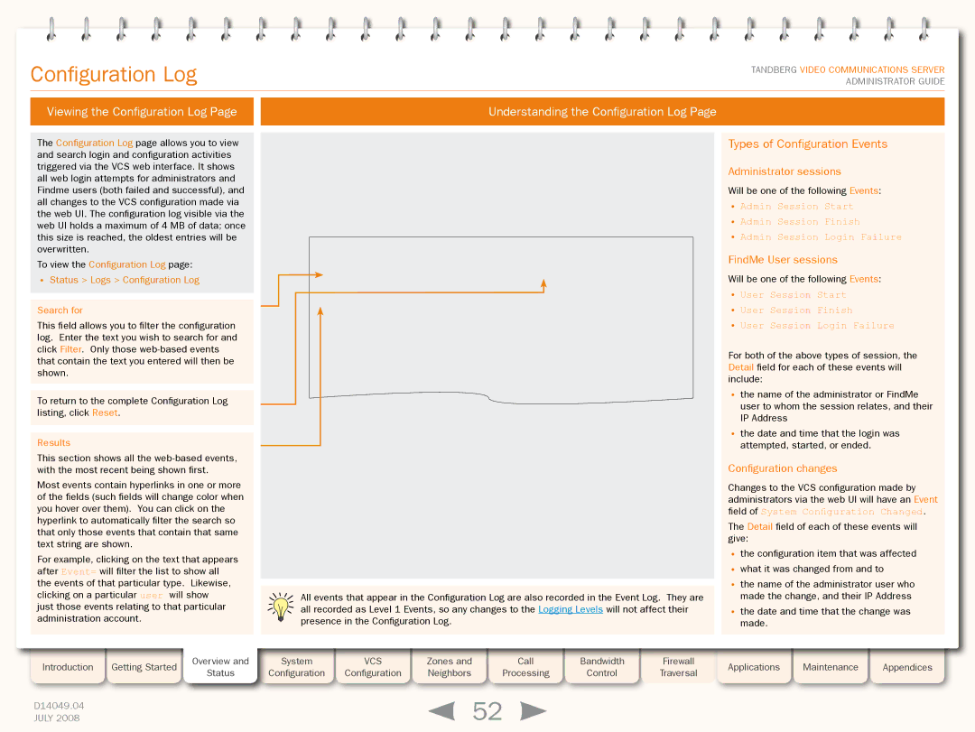 TANDBERG D14049.04 Viewing the Configuration Log, Understanding the Configuration Log, Types of Configuration Events 
