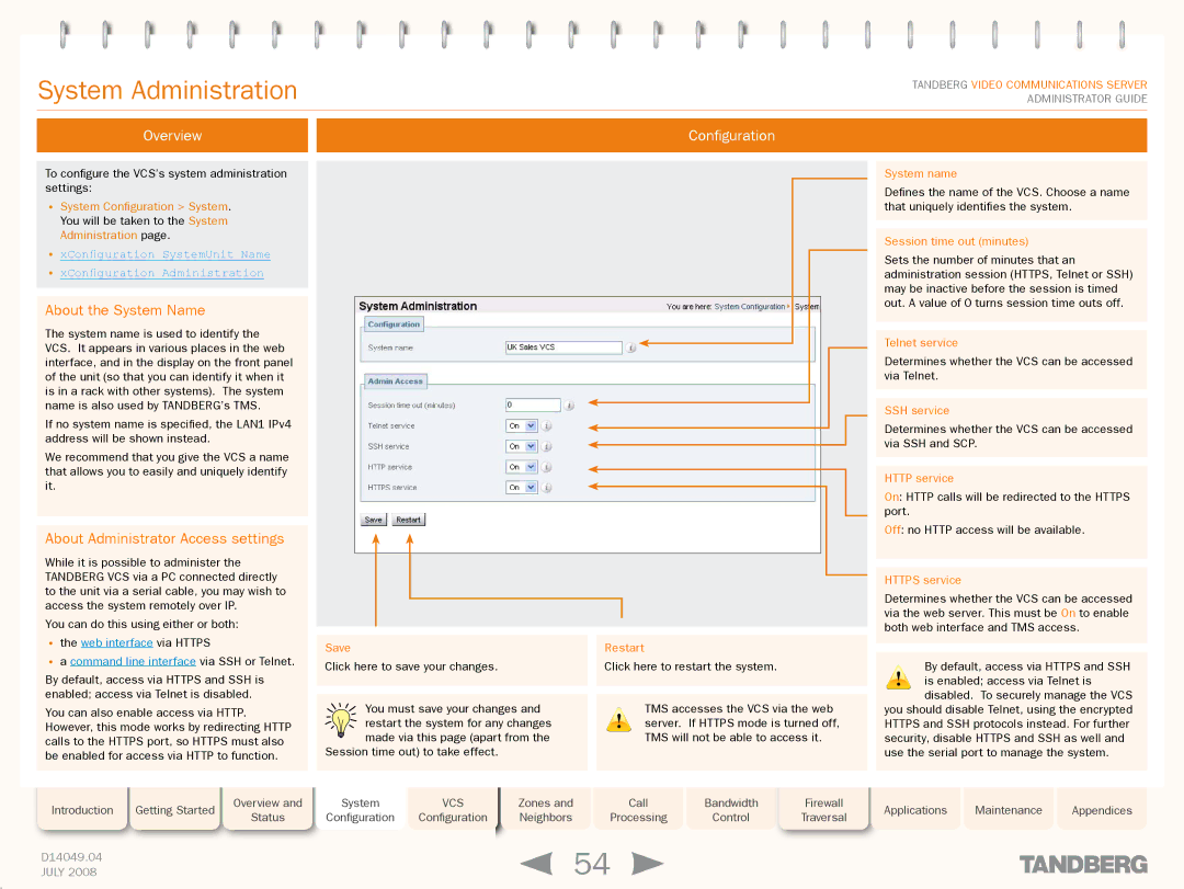 TANDBERG D14049.04 manual System Administration, Overview Configuration, About the System Name 