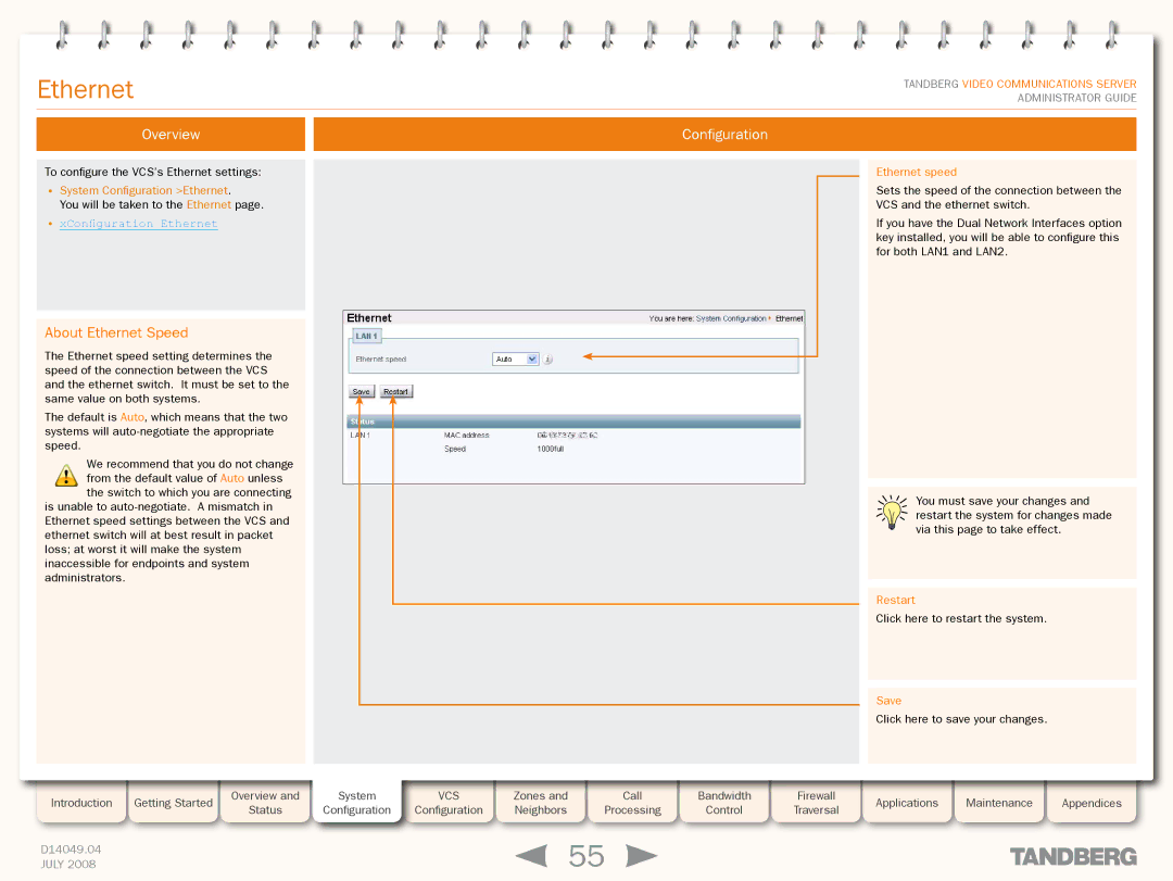 TANDBERG D14049.04 About Ethernet Speed, System Configuration Ethernet, XConfiguration Ethernet, Ethernet speed, Save 