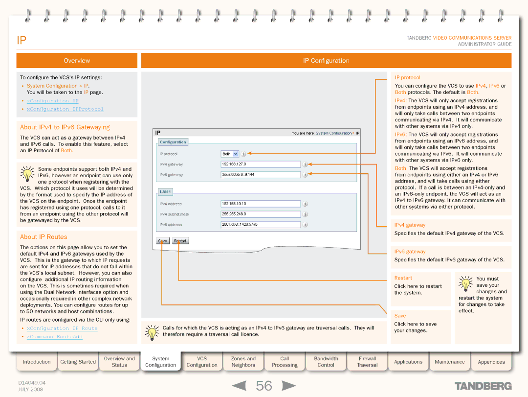 TANDBERG D14049.04 manual Overview IP Configuration, About IPv4 to IPv6 Gatewaying, About IP Routes 