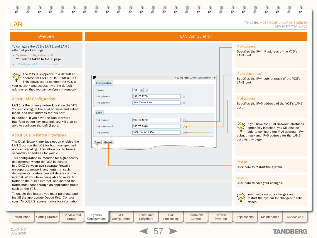 TANDBERG D14049.04 Overview LAN Configuration, About LAN Configuration, About Dual Network Interfaces, IPv4 subnet mask 