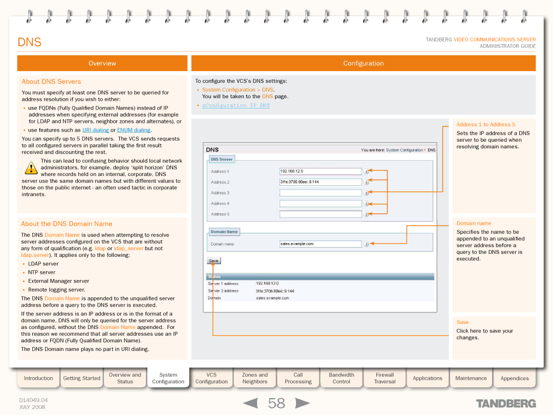 TANDBERG D14049.04 manual About DNS Servers, About the DNS Domain Name, XConfiguration IP DNS 