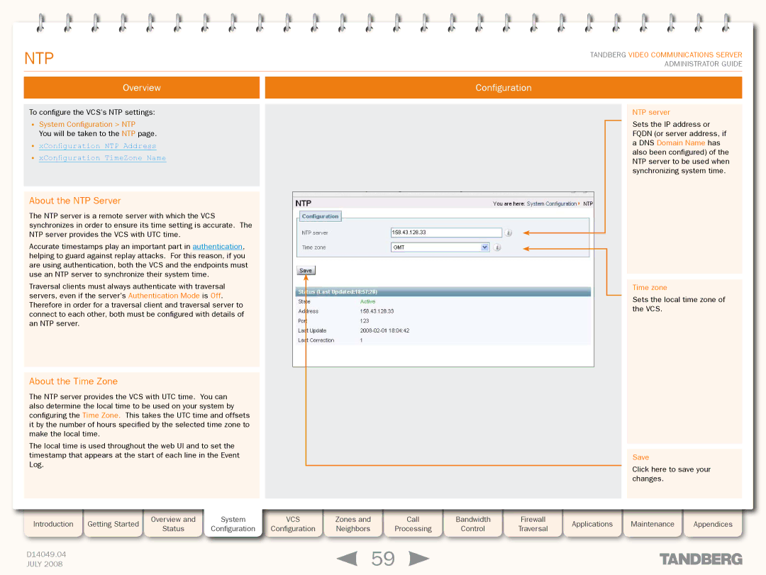 TANDBERG D14049.04 manual About the NTP Server, About the Time Zone, System Configuration NTP, NTP server 