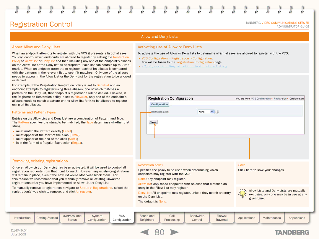 TANDBERG D14049.04 About Allow and Deny Lists, Activating use of Allow or Deny Lists, Removing existing registrations 