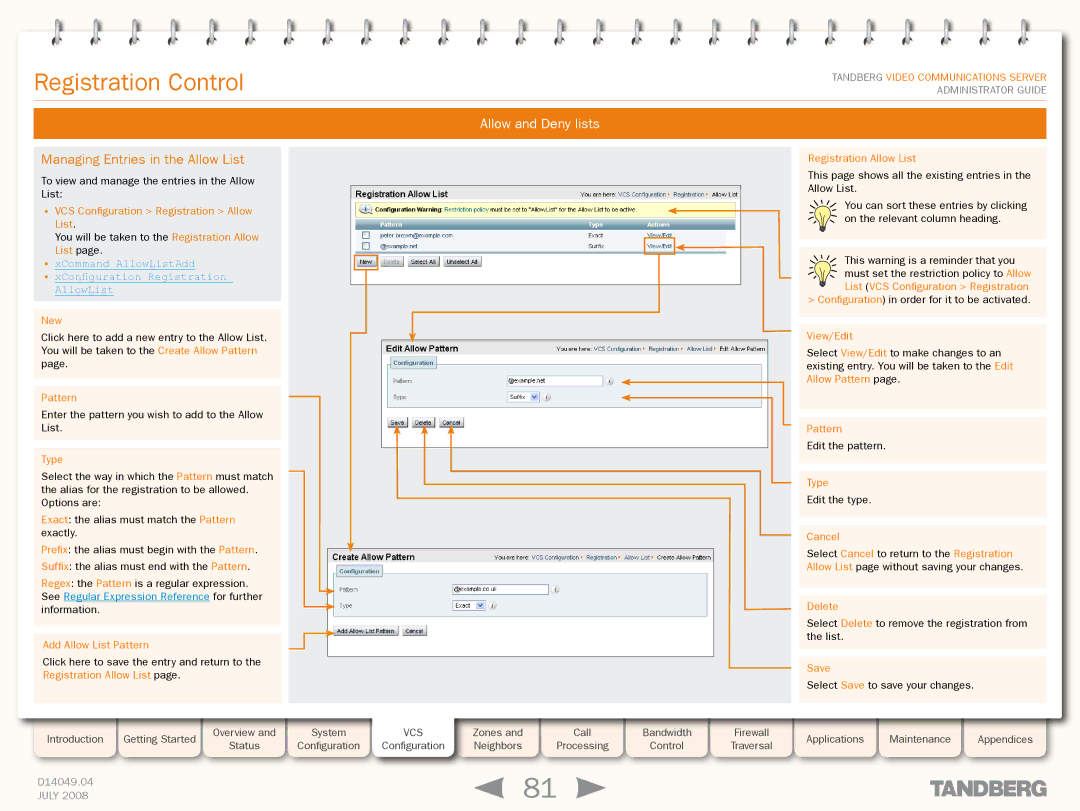 TANDBERG D14049.04 manual Managing Entries in the Allow List, XCommand AllowListAdd XConfigurationAllowList Registration 