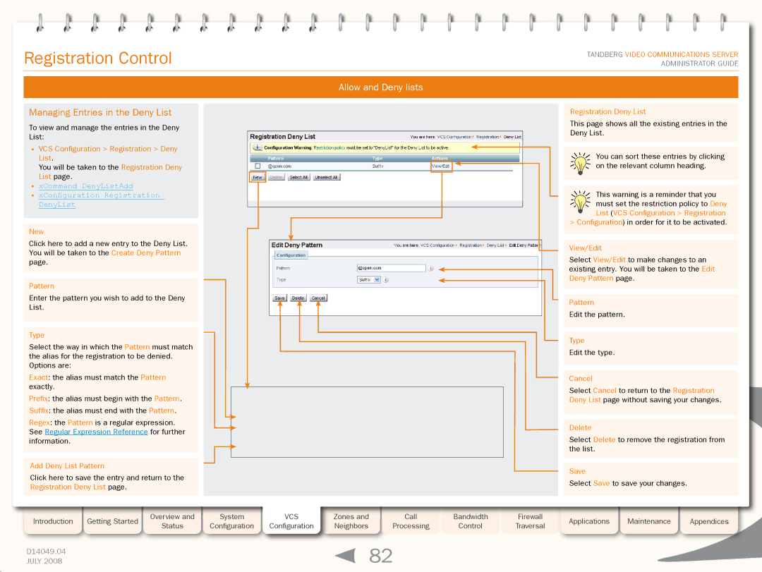 TANDBERG D14049.04 Managing Entries in the Deny List, VCS Configuration Registration Deny List, Add Deny List Pattern 