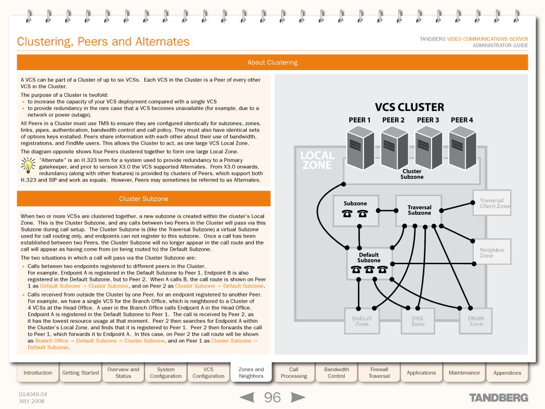 TANDBERG D14049.04 manual Clustering, Peers and Alternates, About Clustering, Cluster Subzone 