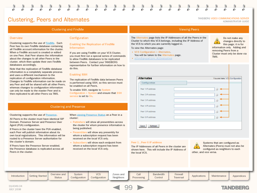 TANDBERG D14049.04 manual Clustering and FindMe Viewing Peers, Configuration, Clustering and Presence, Enabling SSH 