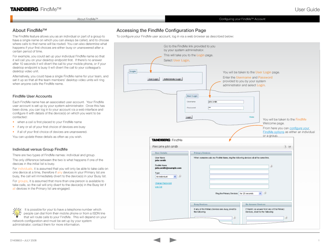 TANDBERG D1408803 manual User Guide, About FindMe, Accessing the FindMe Configuration 