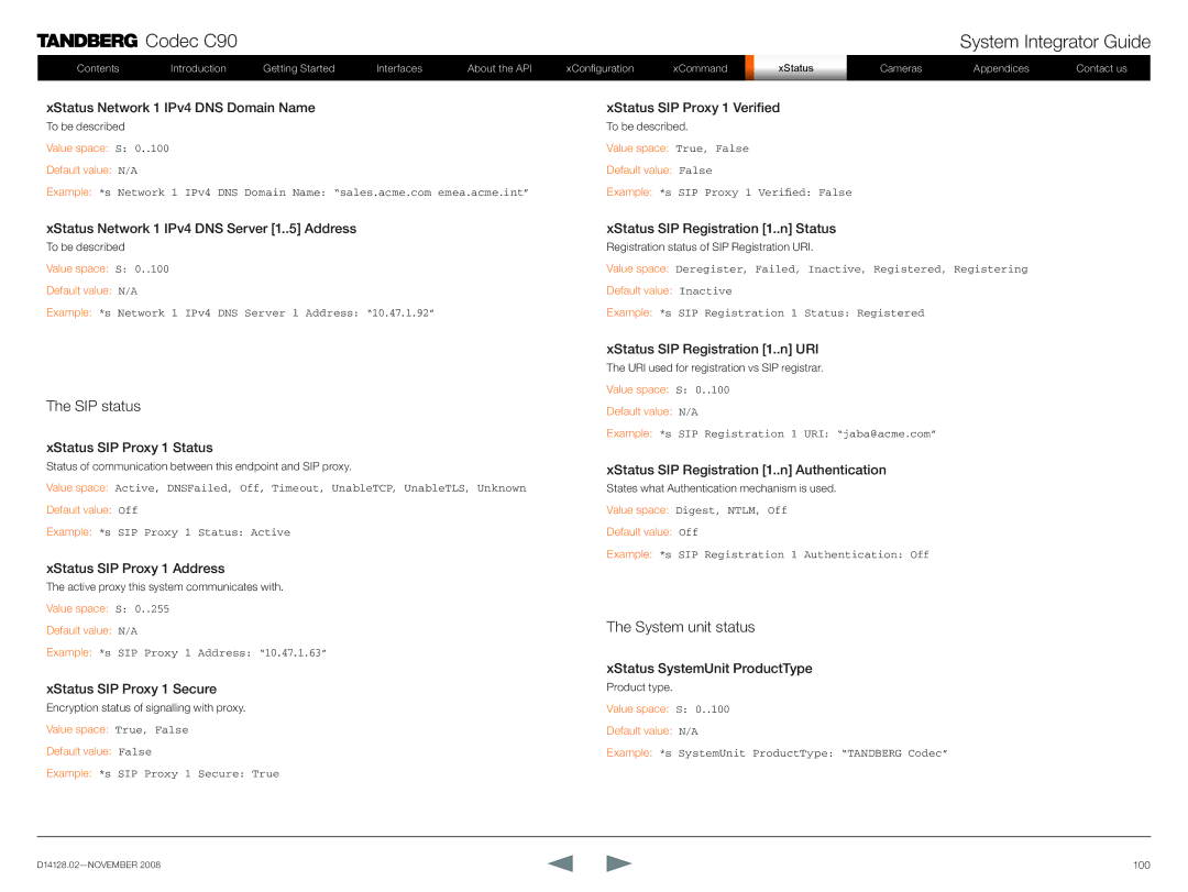 TANDBERG D14128.02 manual SIP status, System unit status 