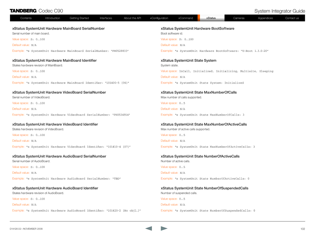 TANDBERG D14128.02 manual Example *s SystemUnit Hardware AudioBoard SerialNumber TBD 