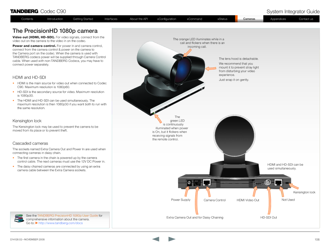 TANDBERG D14128.02 manual PrecisionHD 1080p camera, Hdmi and HD-SDI, Kensington lock, Cascaded cameras 