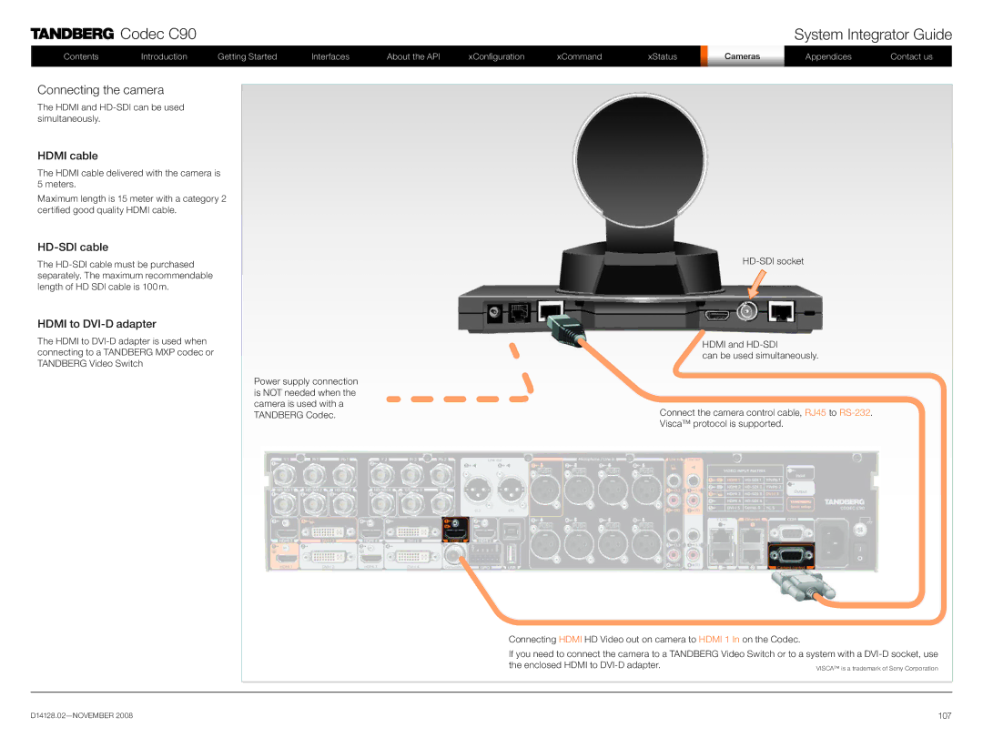 TANDBERG D14128.02 manual Connecting the camera, Hdmi cable, HD-SDI cable, Hdmi to DVI-D adapter 