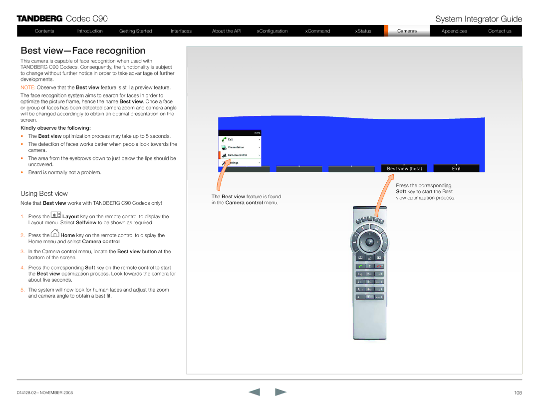 TANDBERG D14128.02 manual Best view-Face recognition, Using Best view 