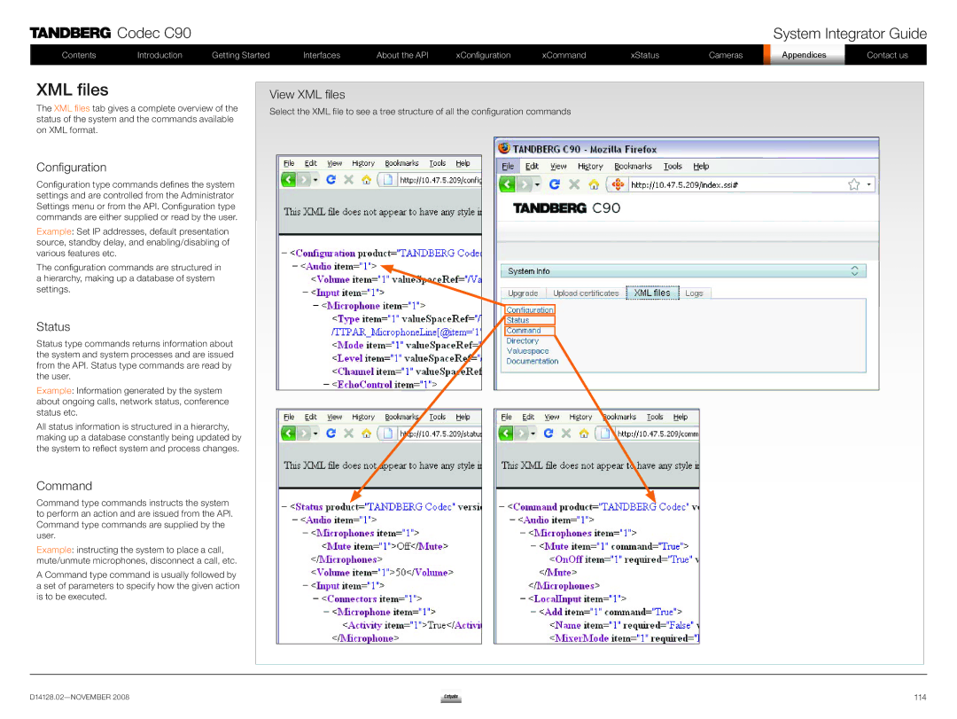 TANDBERG D14128.02 manual Configuration, Status, Command, View XML files 