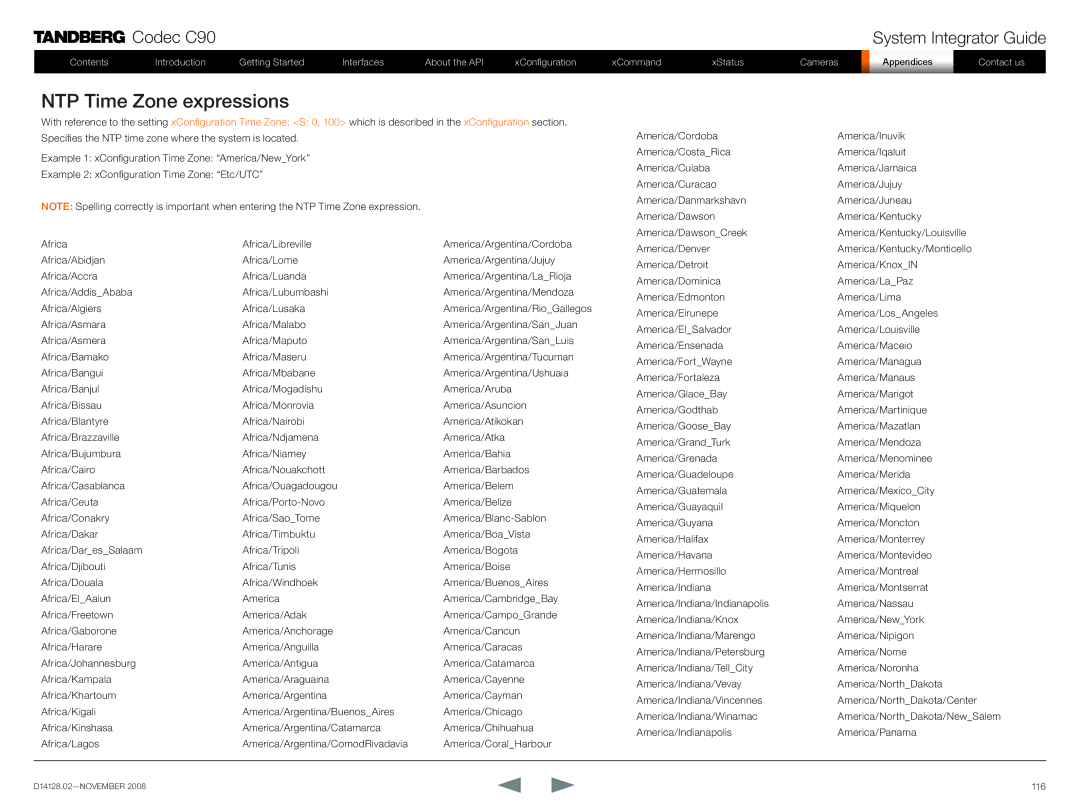 TANDBERG D14128.02 manual NTP Time Zone expressions 