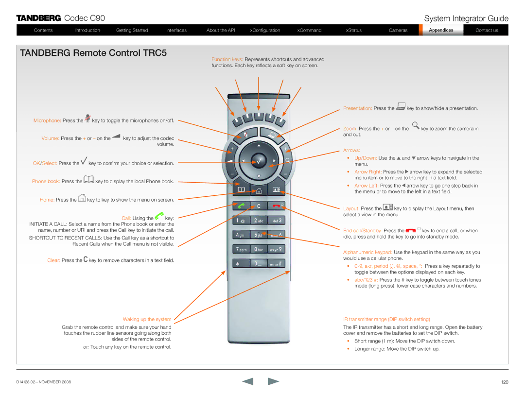 TANDBERG D14128.02 manual Tandberg Remote Control TRC5, Arrows 
