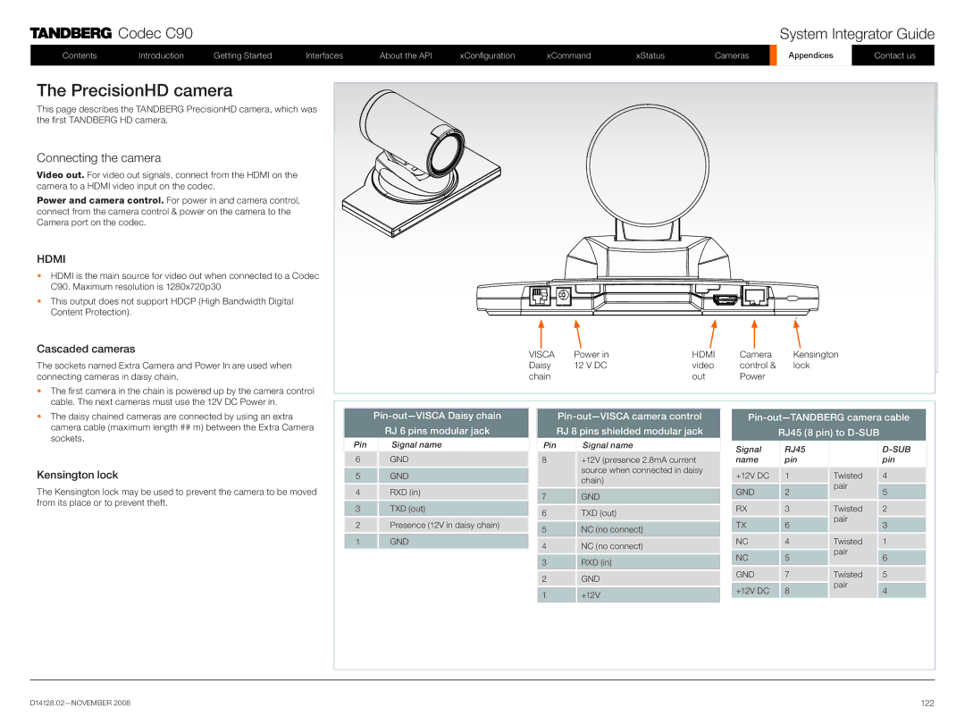 TANDBERG D14128.02 manual PrecisionHD camera, Cascaded cameras, Tandberg Precision HD camera, Kensington lock 