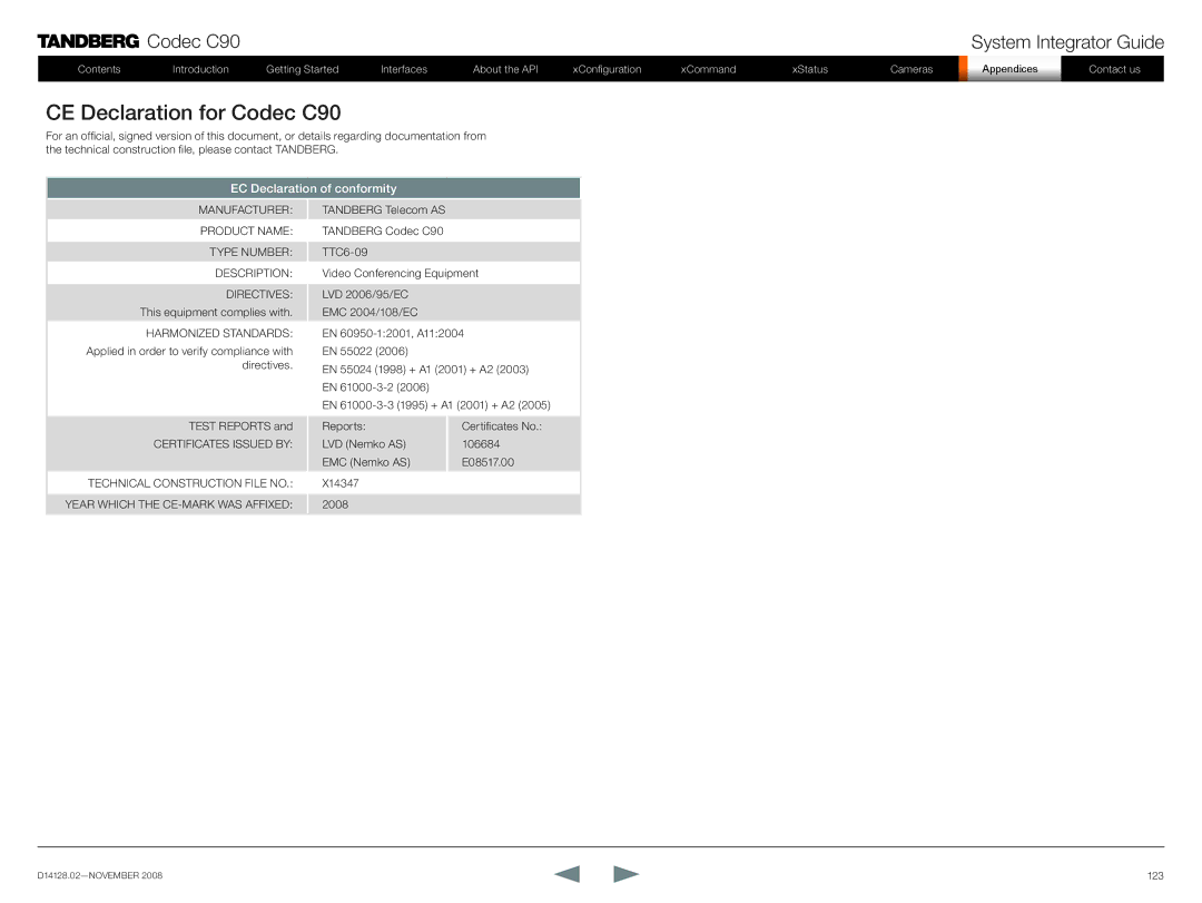 TANDBERG D14128.02 manual CE Declaration for Codec C90, EC Declaration of conformity 