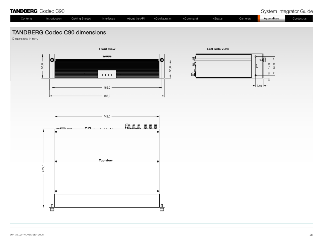 TANDBERG D14128.02 manual Tandberg Codec C90 dimensions 