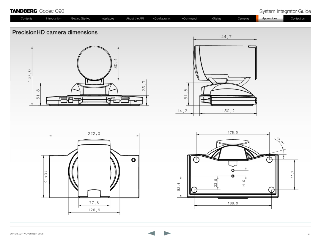 TANDBERG D14128.02 manual PrecisionHD camera dimensions 