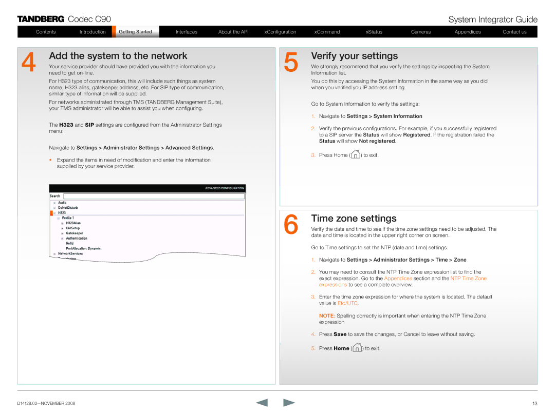 TANDBERG D14128.02 manual Add the system to the network, Verify your settings, Time zone settings 